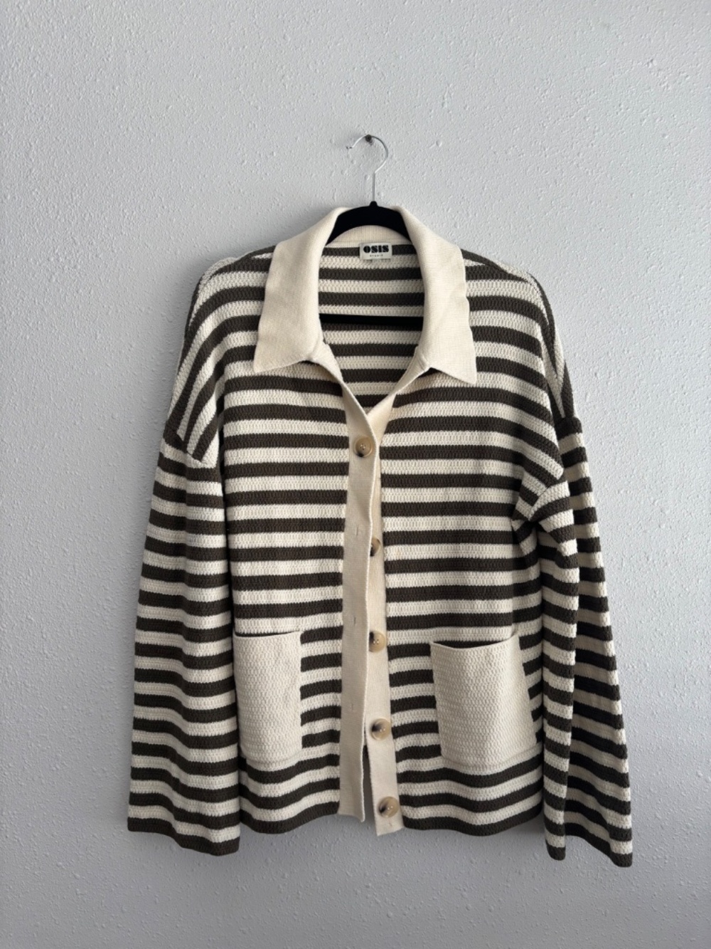 OSIS Yoko Green and White Striped Knit Cardigan